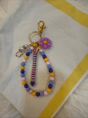 Beaded Purple & Pastel Keychain Wristlet with Daisy Charm